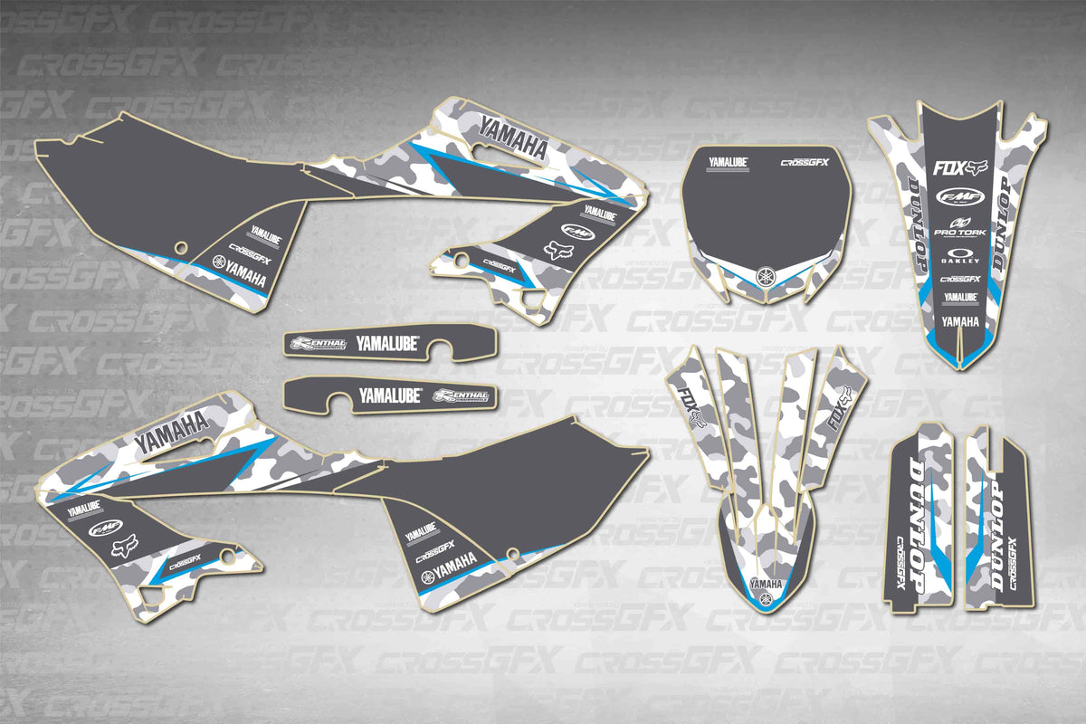 Yamaha YZ 125 2002-2004 Polisport 2022 Restyle Apache Blue graphics kit - flat layout showing all decal pieces included