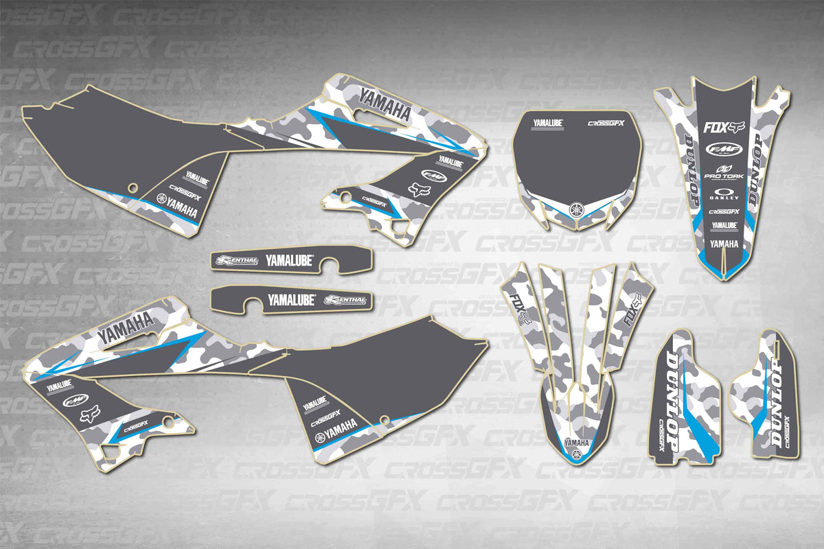 Yamaha YZ 125 2005-2007 Polisport 2022 Restyle Apache Blue graphics kit - flat layout showing all decal pieces included