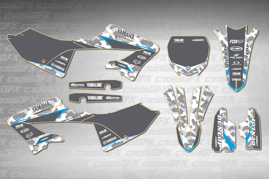 Yamaha YZ 125 2005-2007 Polisport 2022 Restyle Apache Blue graphics kit - flat layout showing all decal pieces included