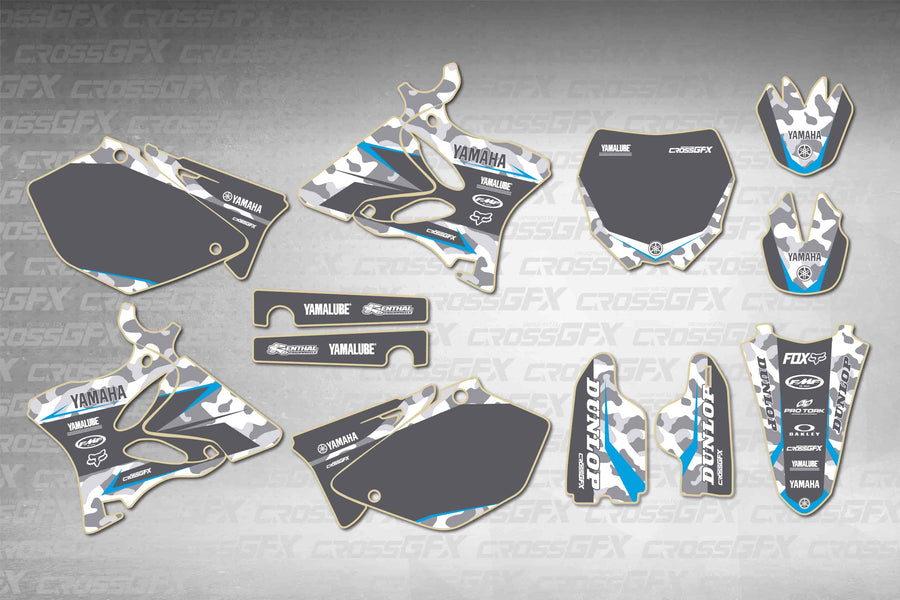 Graphics for Yamaha YZ 250 2005-2007 - Apache Blue - flat layout showing all decal pieces included