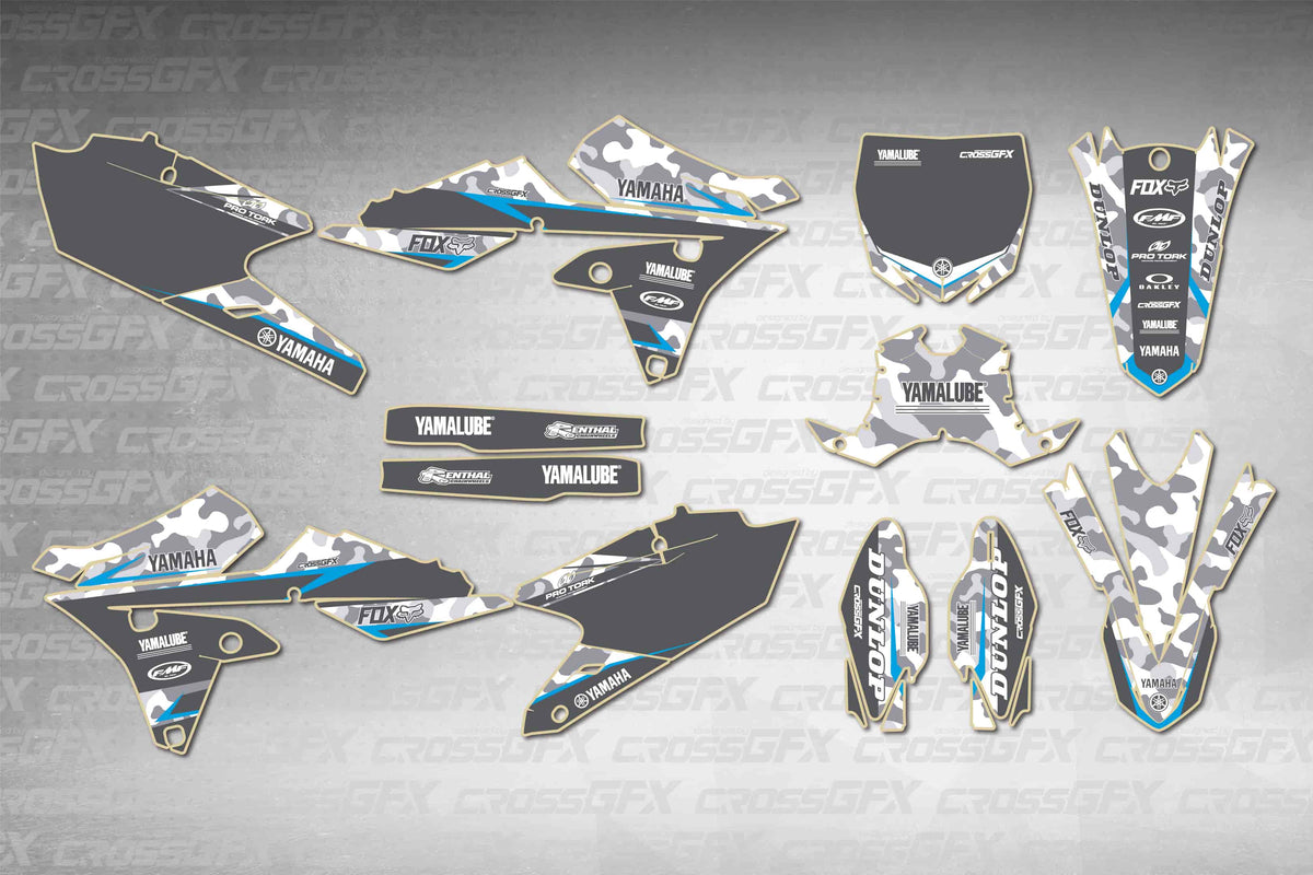 Graphics for Yamaha YZ 250F 2014-2018 - Apache Blue - flat layout showing all decal pieces included