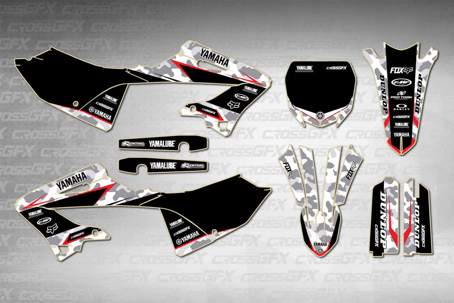 Yamaha YZ 250 2002-2004 Polisport 2022 Restyle Apache Grey graphics kit - flat layout showing all decal pieces included