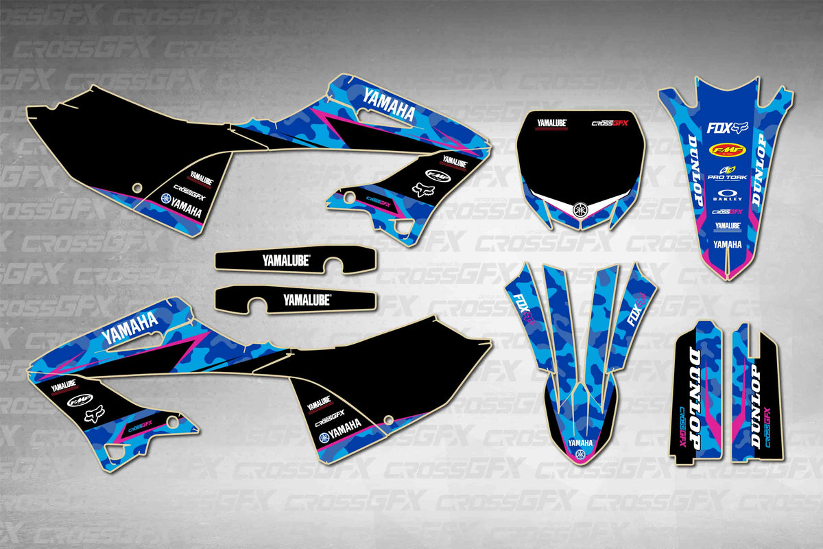 Yamaha YZ 125 2002-2004 Polisport 2022 Restyle Apache Pink graphics kit - flat layout showing all decal pieces included