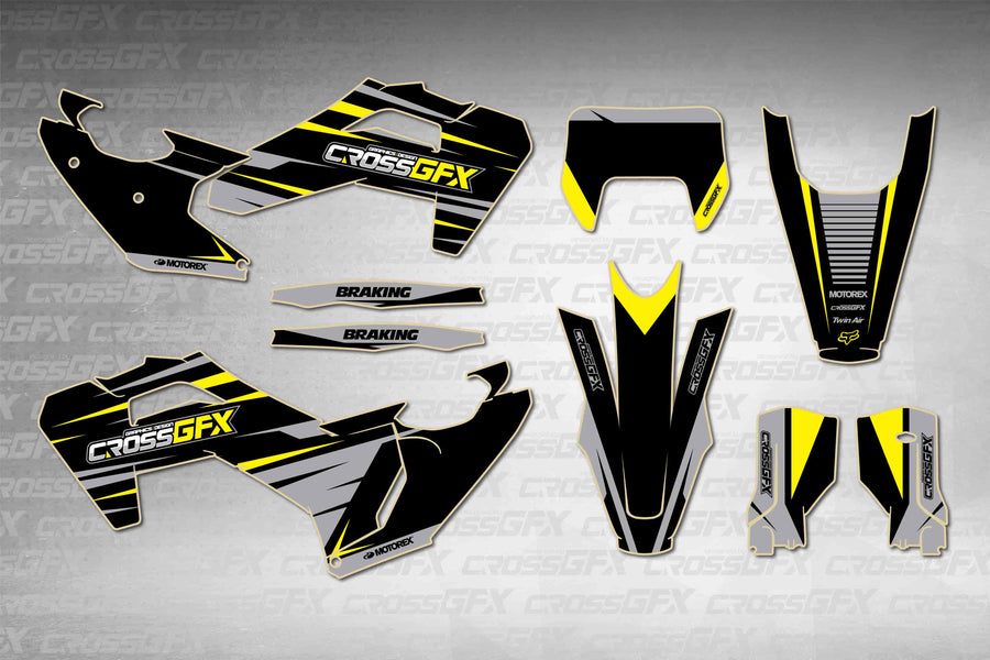 Husqvarna FE 2025-2026 Heritage Apex Black graphics kit - flat layout showing all decal pieces included