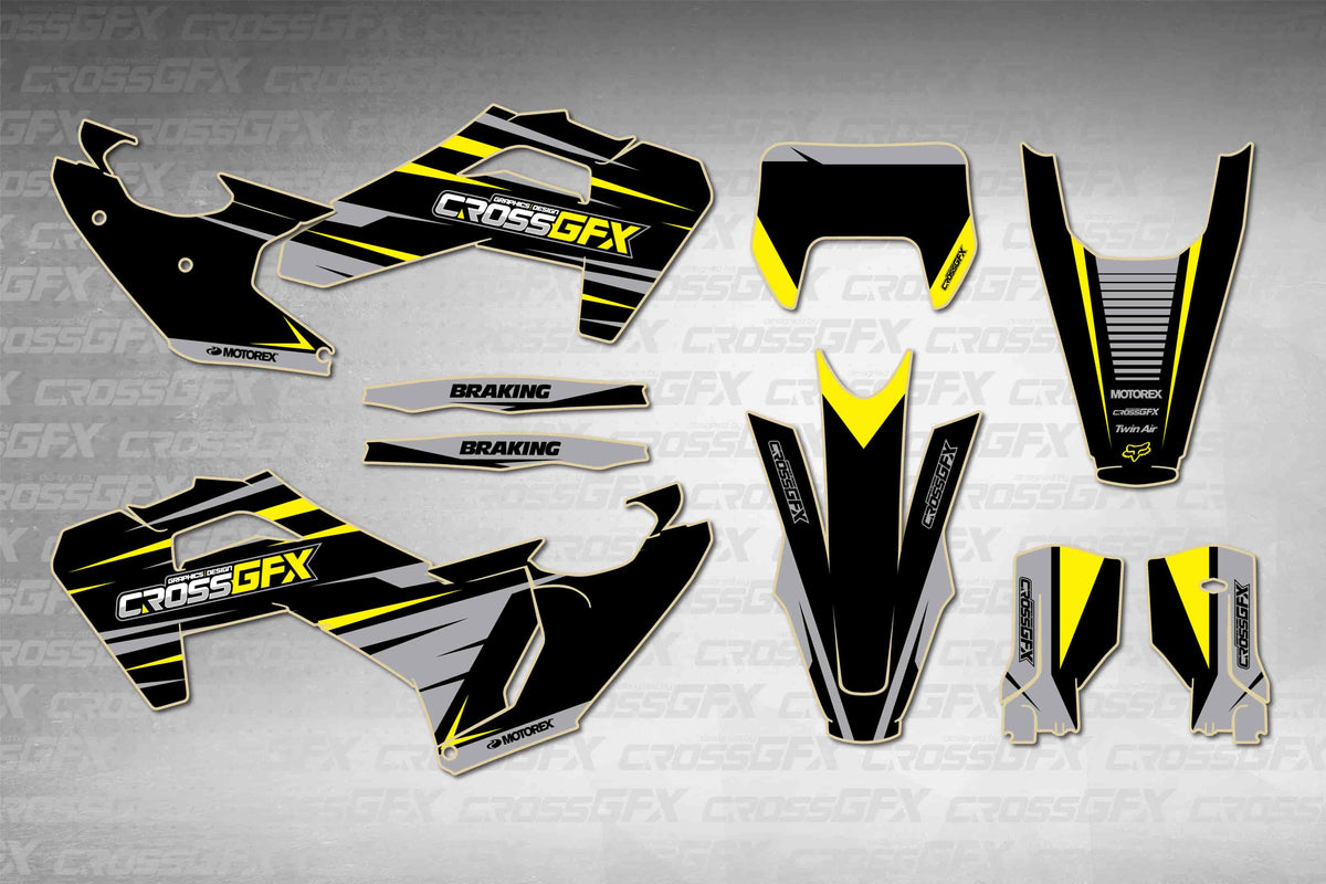 Husqvarna TE 2026 Apex Black graphics kit - flat layout showing all decal pieces included