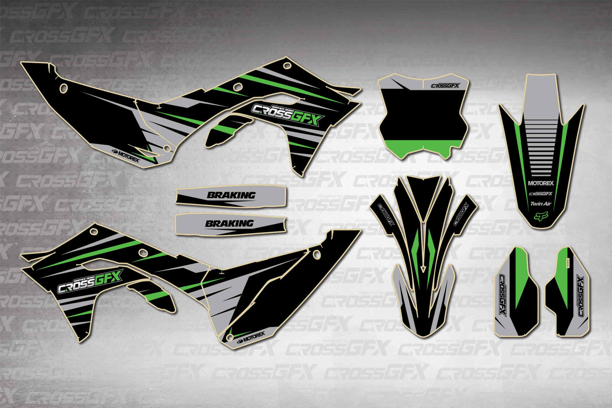 Graphics for Kawasaki KX 450X 2024-2026 - Apex Black - flat layout showing all decal pieces included