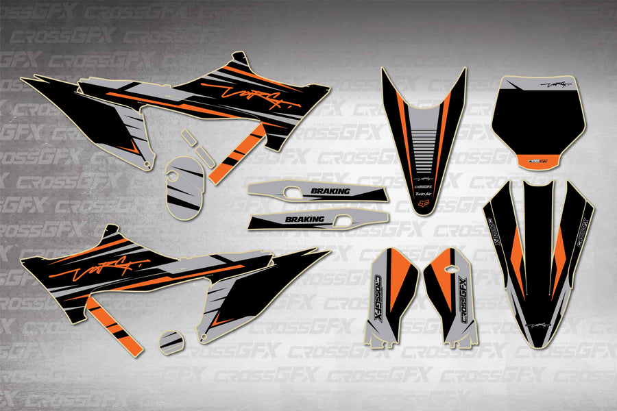 Stark Varg MX Apex Black graphics kit - flat layout showing all decal pieces included