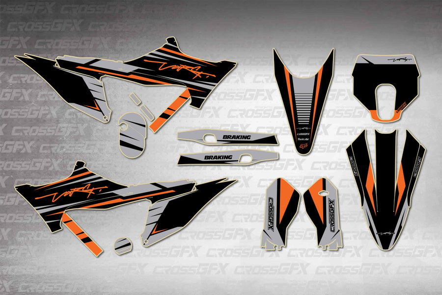 Stark Varg SM Apex Black graphics kit - flat layout showing all decal pieces included