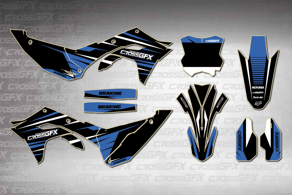 Graphics for Kawasaki KX 250X 2025-2026 - Apex Blue - flat layout showing all decal pieces included