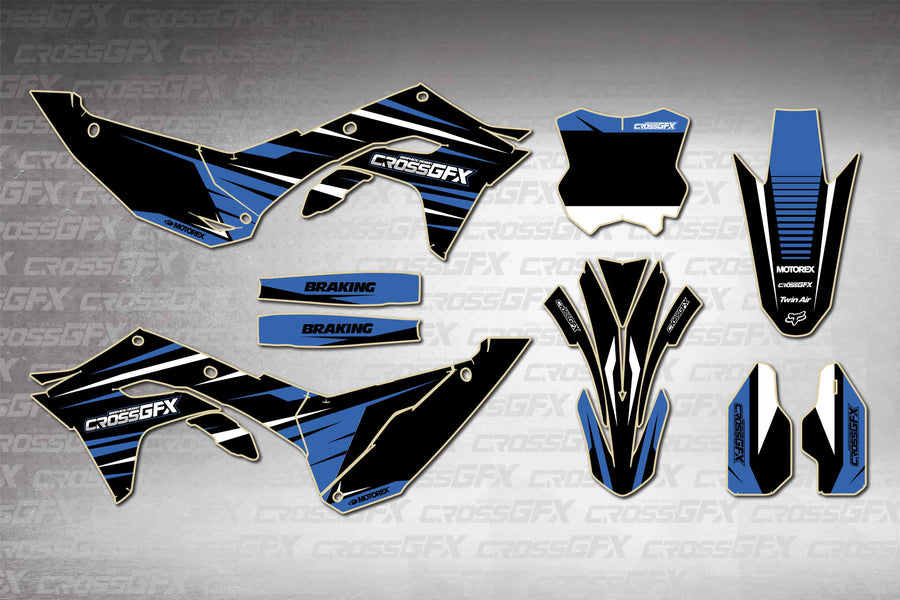 Graphics for Kawasaki KX 250X 2025-2026 - Apex Blue - flat layout showing all decal pieces included