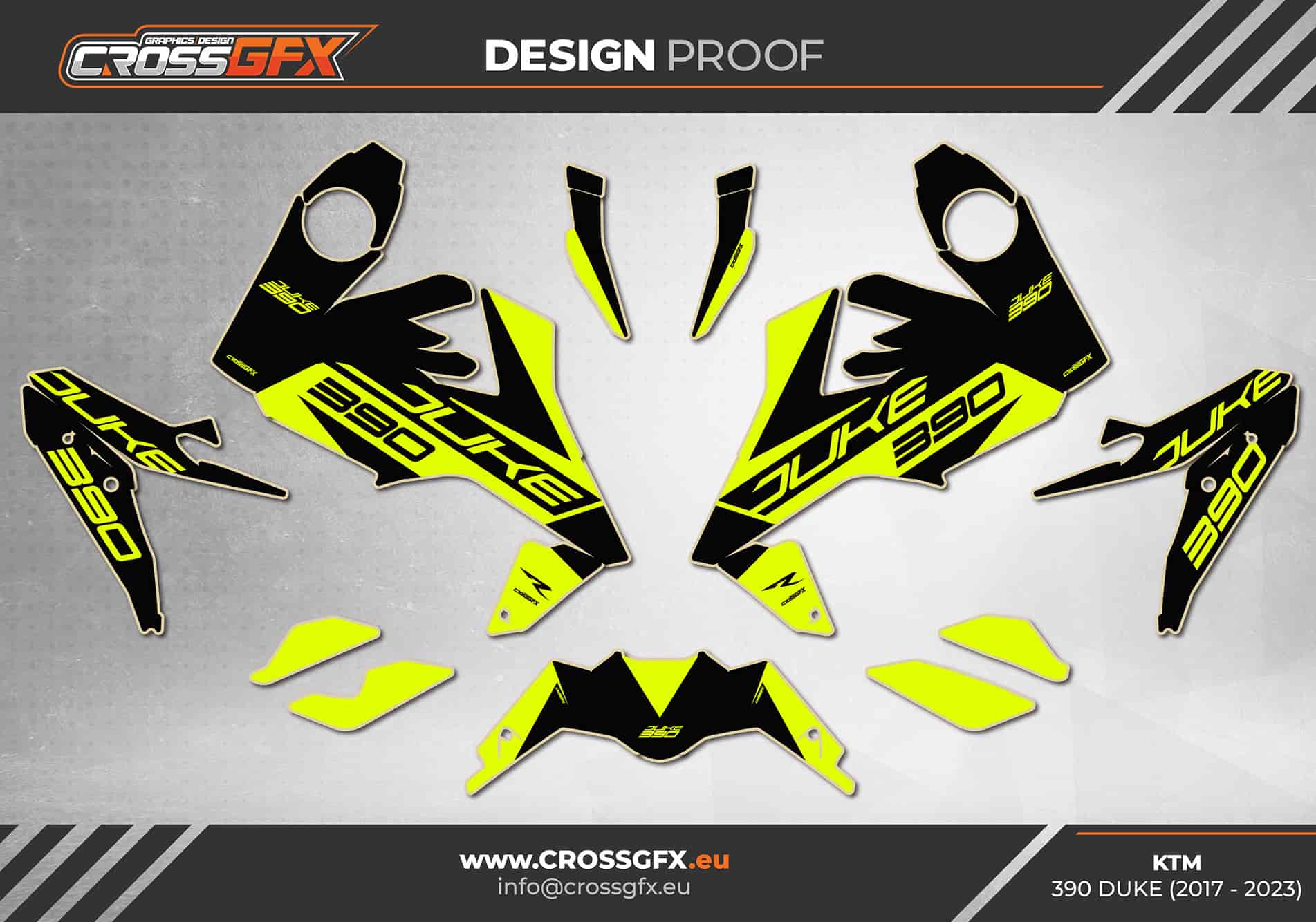 Design layout of Asphalt Fluorescent decal kit for KTM Duke street bikes.