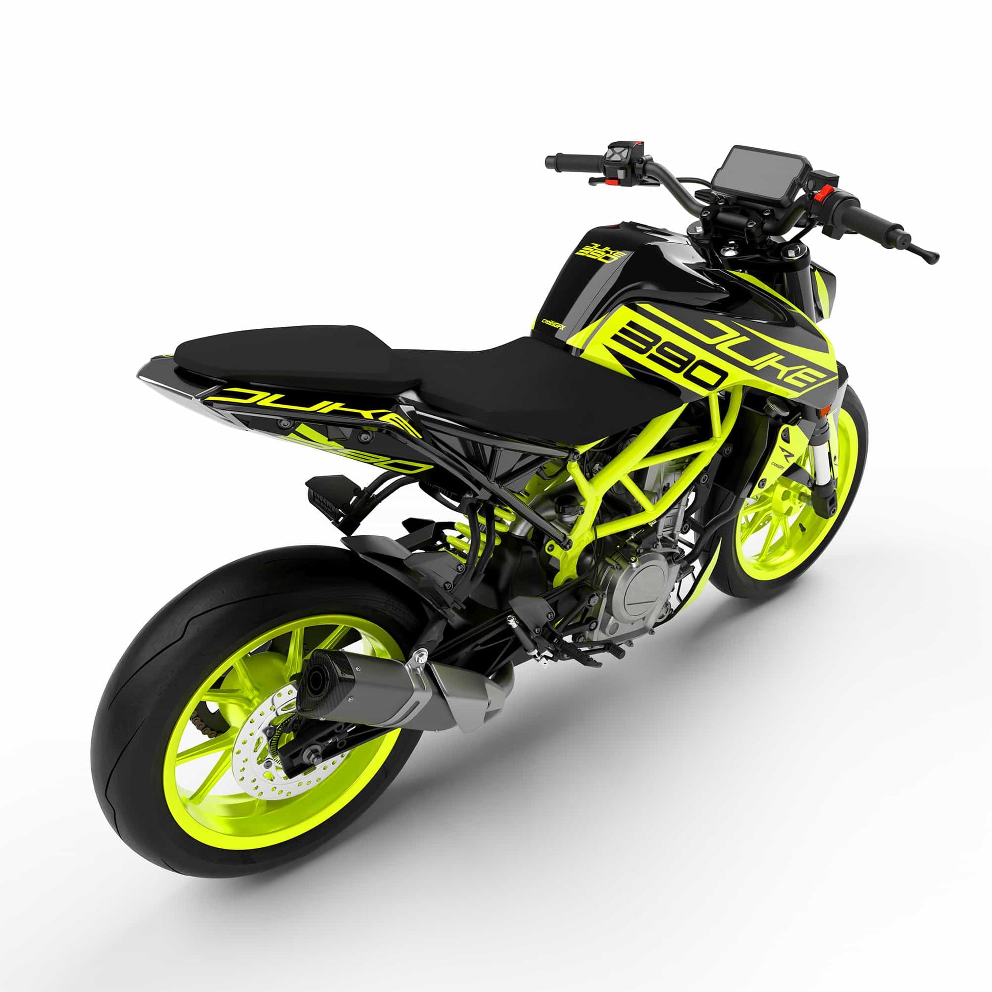 Rear view of the Asphalt Fluorescent decals on a KTM 390 Duke.