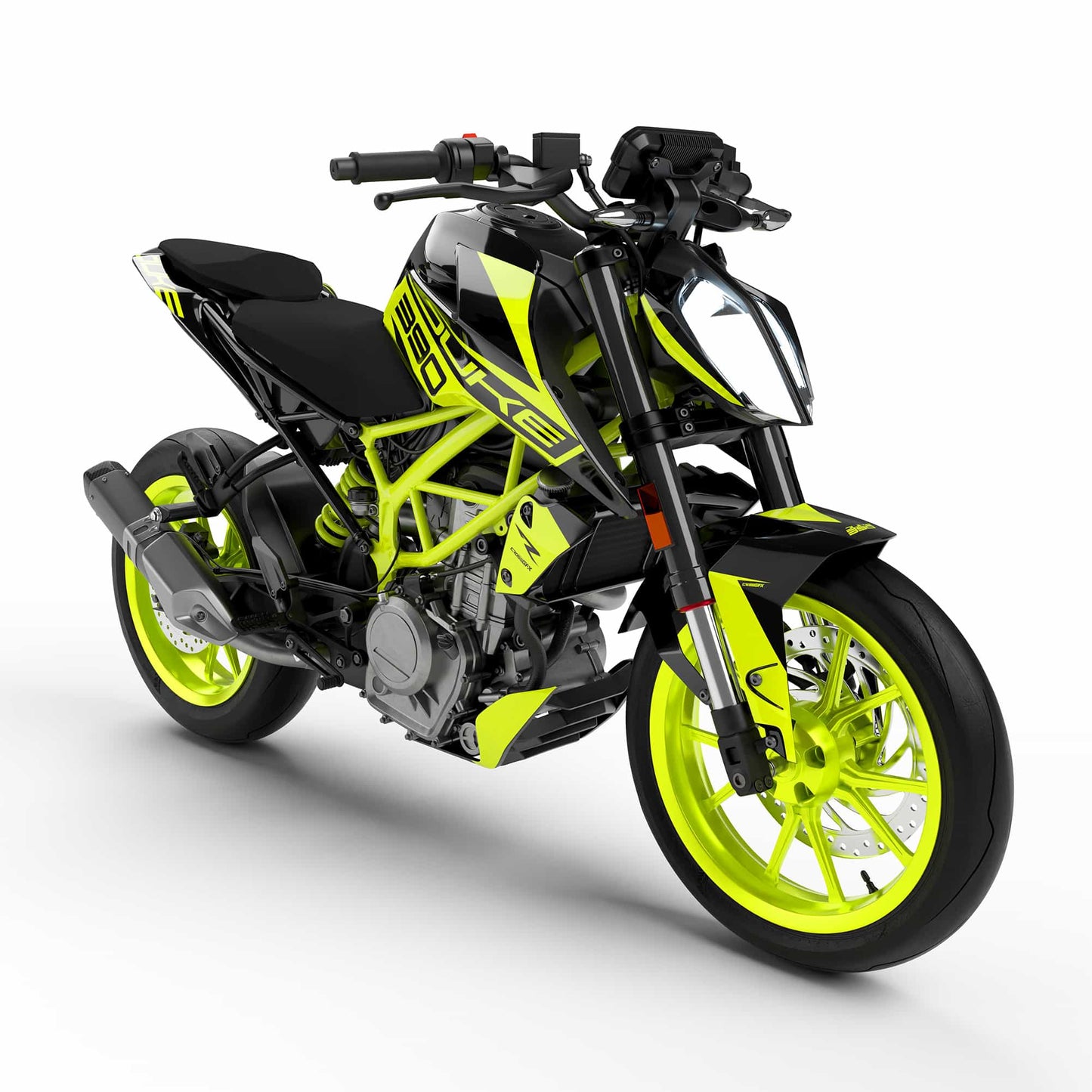 Front view of the Asphalt Fluorescent decal kit on a KTM Duke street bike.