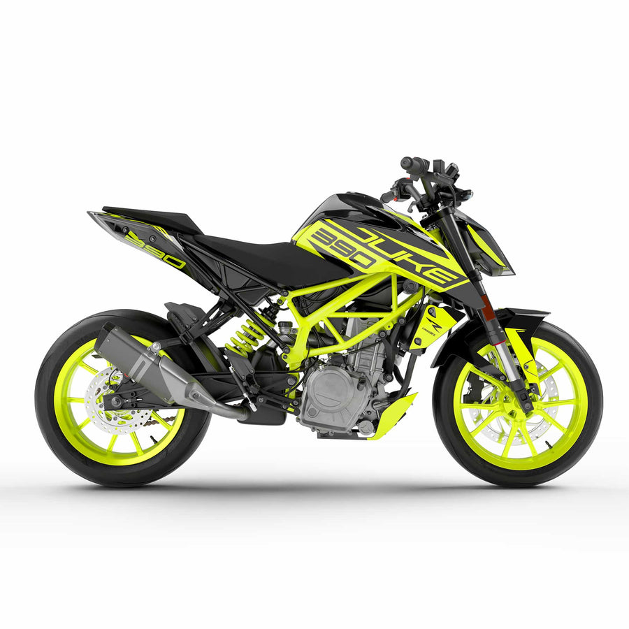 Side view of the custom street bike graphics on a KTM Duke.