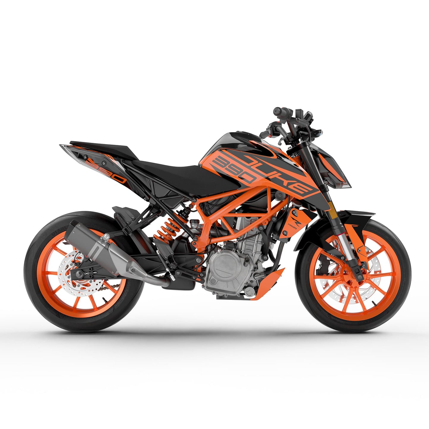 Side View of KTM 390 Duke with asphalt orange graphics kit