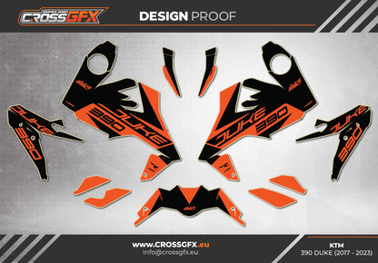 Design proof of street bike graphics with CrossGFX branding for KTM 390 Duke bike