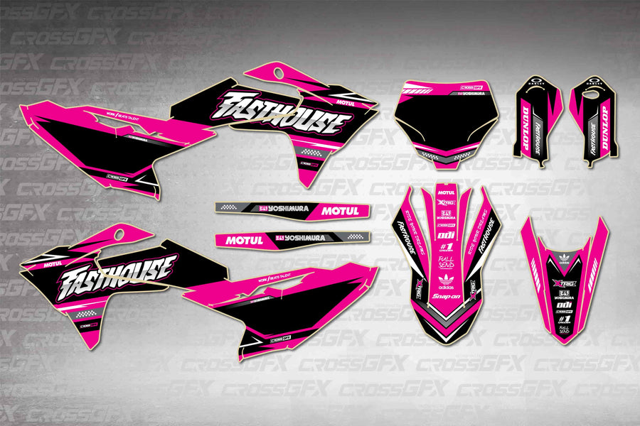 GasGas MC-E 5 2025-2026 Blaze Pink graphics kit - flat layout showing all decal pieces included