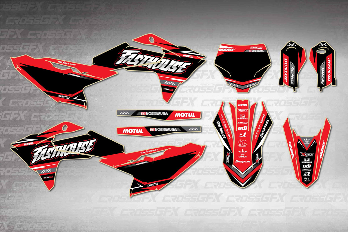 GasGas MC-E 5 2025-2026 Blaze Red graphics kit - flat layout showing all decal pieces included