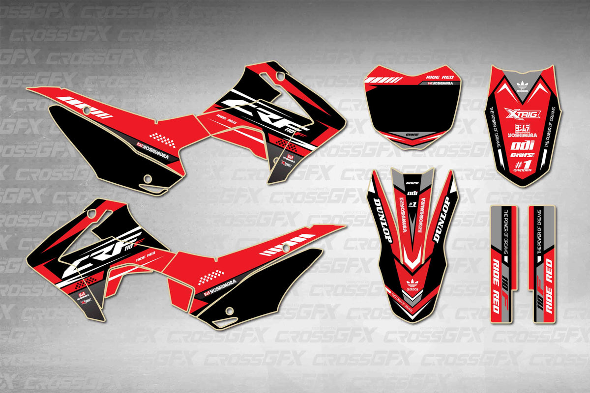 Graphics for Honda CRF 110F 2013-2018 - Blaze Red - flat layout showing all decal pieces included
