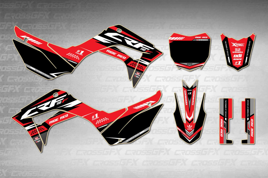 Graphics for Honda CRF 110F 2019-2026 - Blaze Red - flat layout showing all decal pieces included