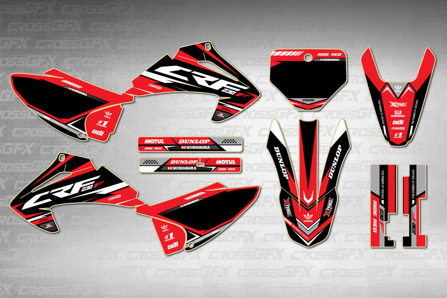 Graphics for Honda CRF 230F 2003-2007 - Blaze Red - flat layout showing all decal pieces included