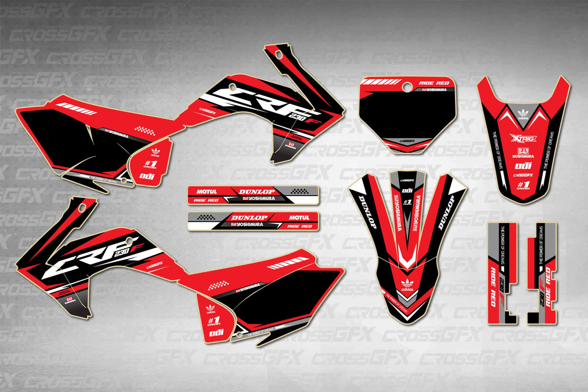 Graphics for Honda CRF 230F 2015-2020 - Blaze Red - flat layout showing all decal pieces included