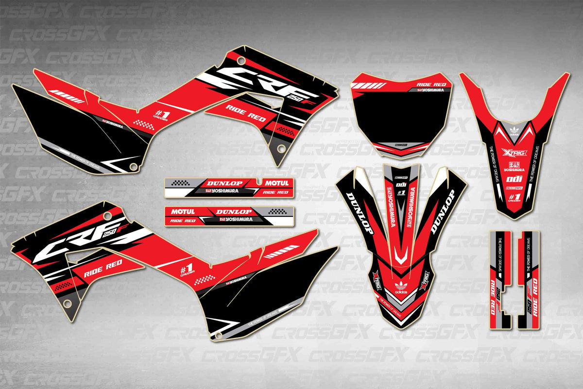 Graphics for Honda CRF 250F 2019-2025 - Blaze Red - flat layout showing all decal pieces included