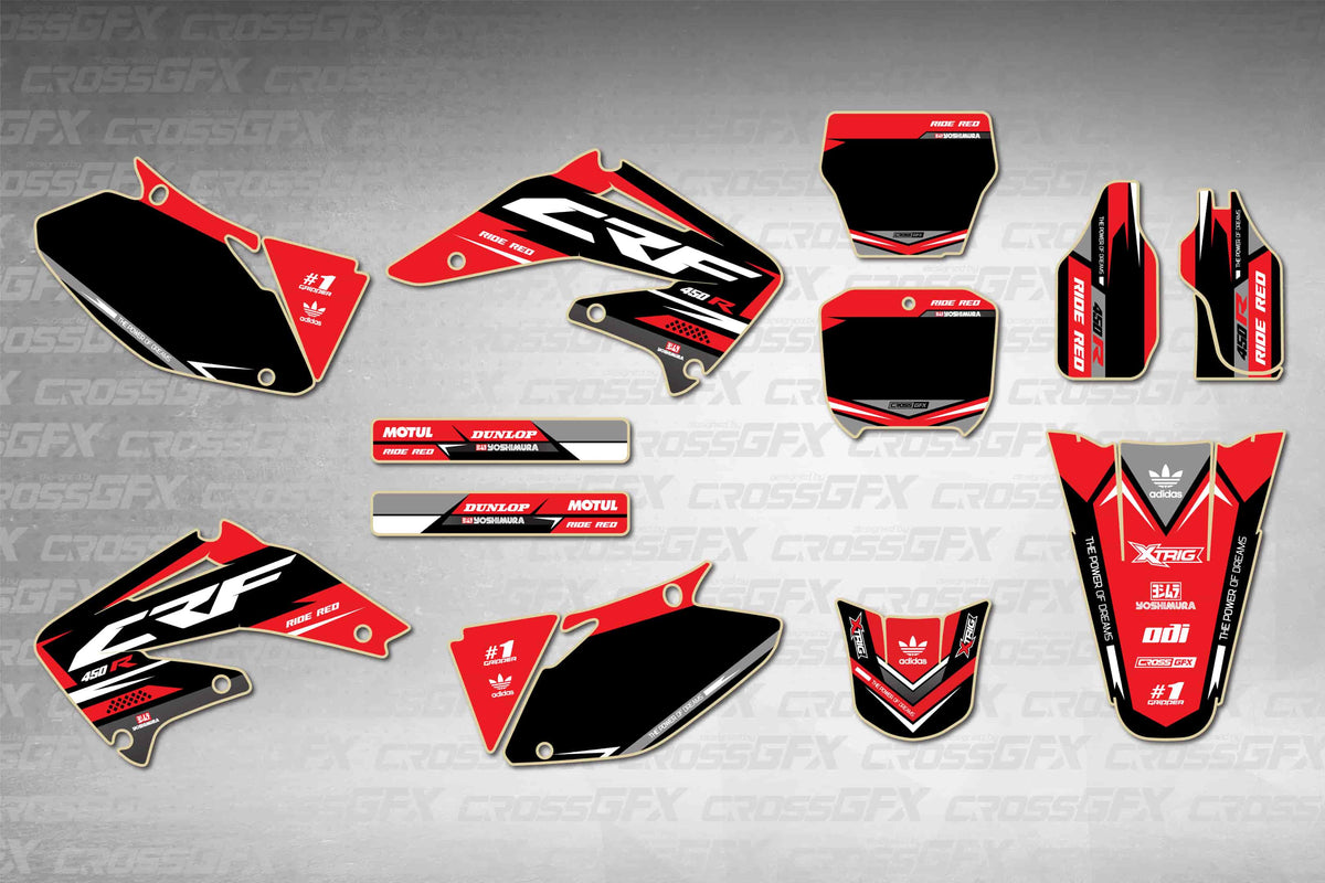 Graphics for Honda CRF 450R 2002-2004 - Blaze Red - flat layout showing all decal pieces included