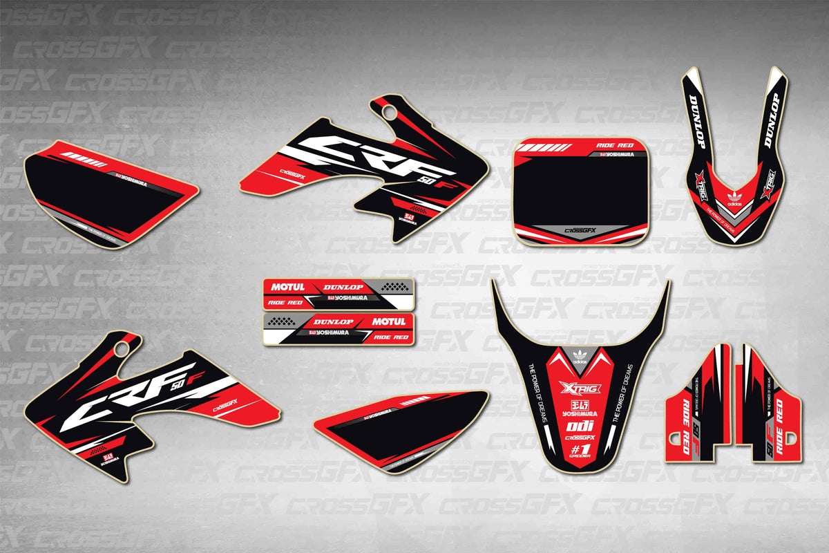 Graphics for Honda CRF 50F 2004-2012 - Blaze Red - flat layout showing all decal pieces included