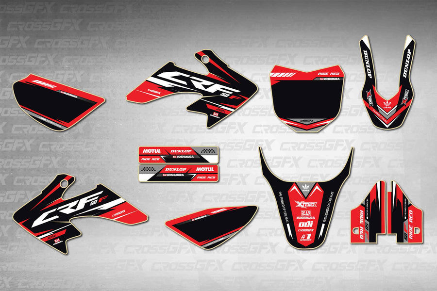 Graphics for Honda CRF 50F 2013-2025 - Blaze Red - flat layout showing all decal pieces included