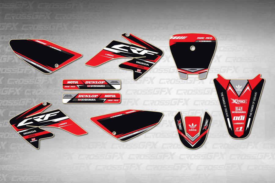 Graphics for Honda CRF 80F 2004-2010 - Blaze Red - flat layout showing all decal pieces included