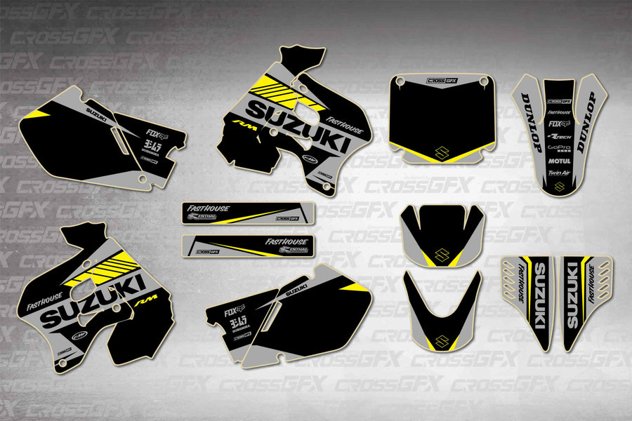 Graphics for Suzuki RM 125 1996-1998 - Blitz Black - flat layout showing all decal pieces included