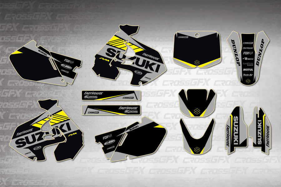 Graphics for Suzuki RM 125 1999-2000 - Blitz Black - flat layout showing all decal pieces included