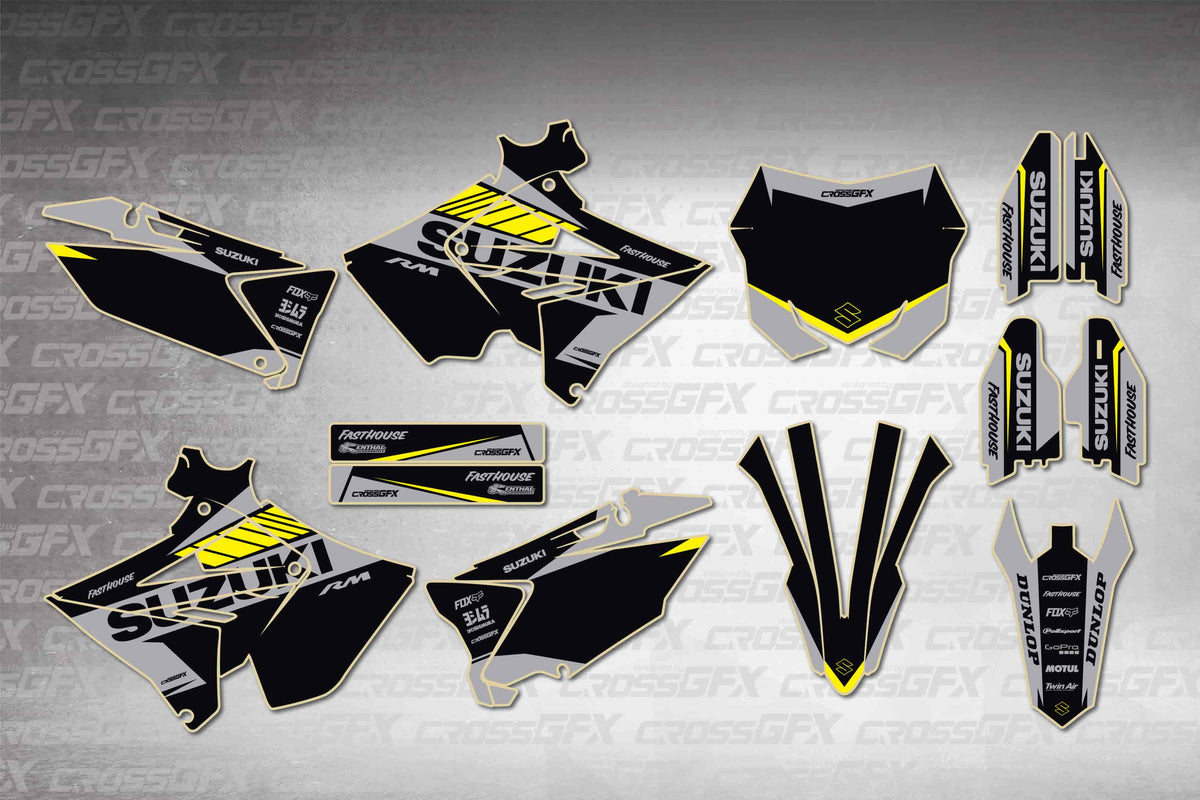 Graphics for Suzuki RM 125 Polisport 2001-2008 - Blitz Black - flat layout showing all decal pieces included