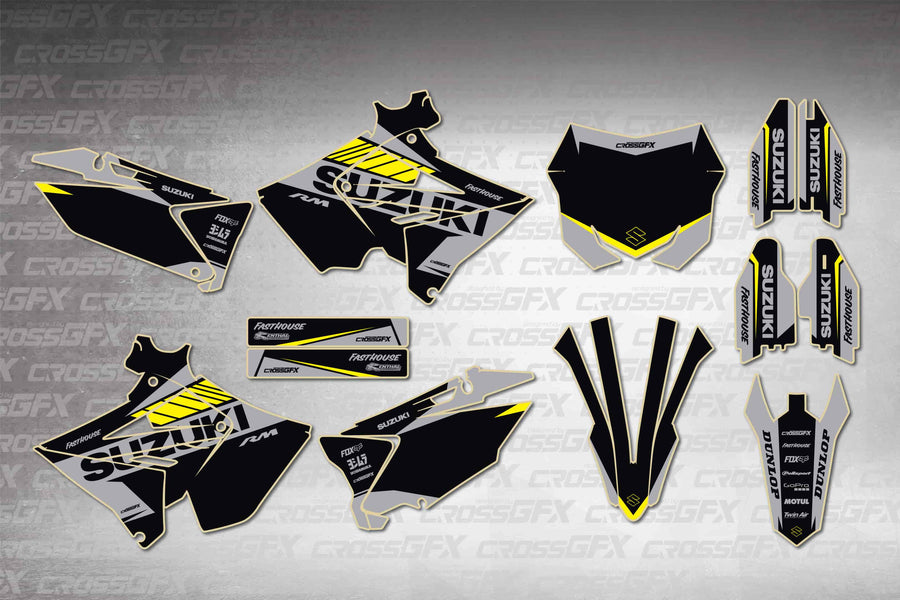 Graphics for Suzuki RM 125 Polisport 2001-2008 - Blitz Black - flat layout showing all decal pieces included