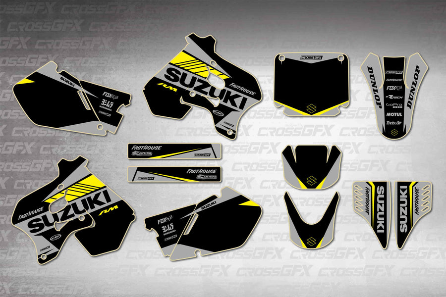 Graphics for Suzuki RM 250 1996-1998 - Blitz Black - flat layout showing all decal pieces included