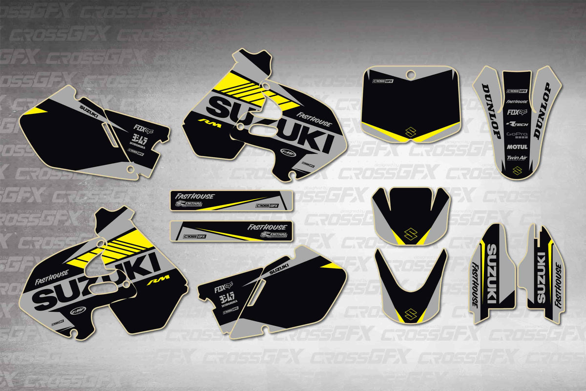 Graphics for Suzuki RM 250 1999-2000 - Blitz Black - flat layout showing all decal pieces included