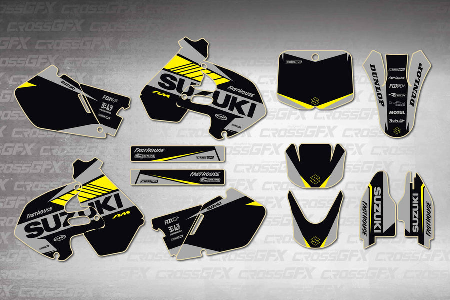 Graphics for Suzuki RM 250 1999-2000 - Blitz Black - flat layout showing all decal pieces included