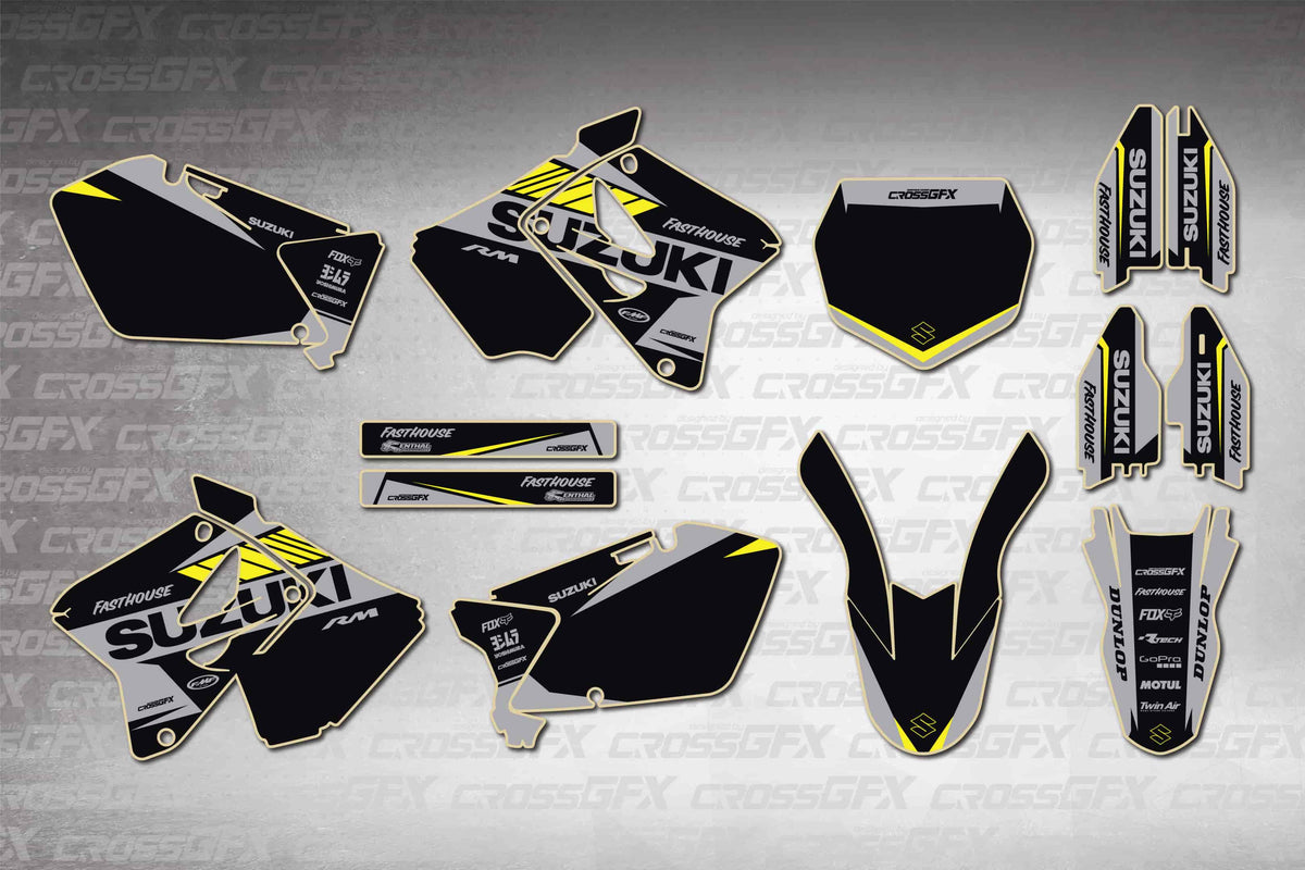 Graphics for Suzuki RM 250 2001-2008 - Blitz Black - flat layout showing all decal pieces included
