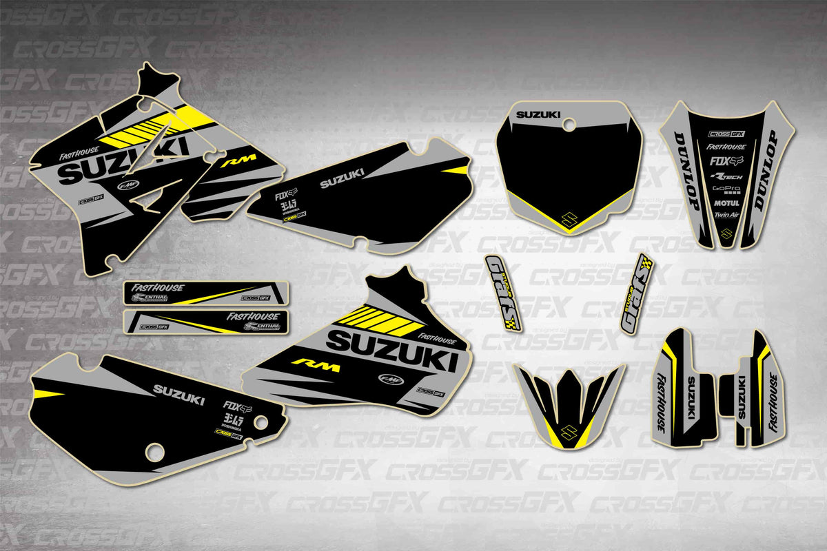 Graphics for Suzuki RM 85 2001-2004 - Blitz Black - flat layout showing all decal pieces included