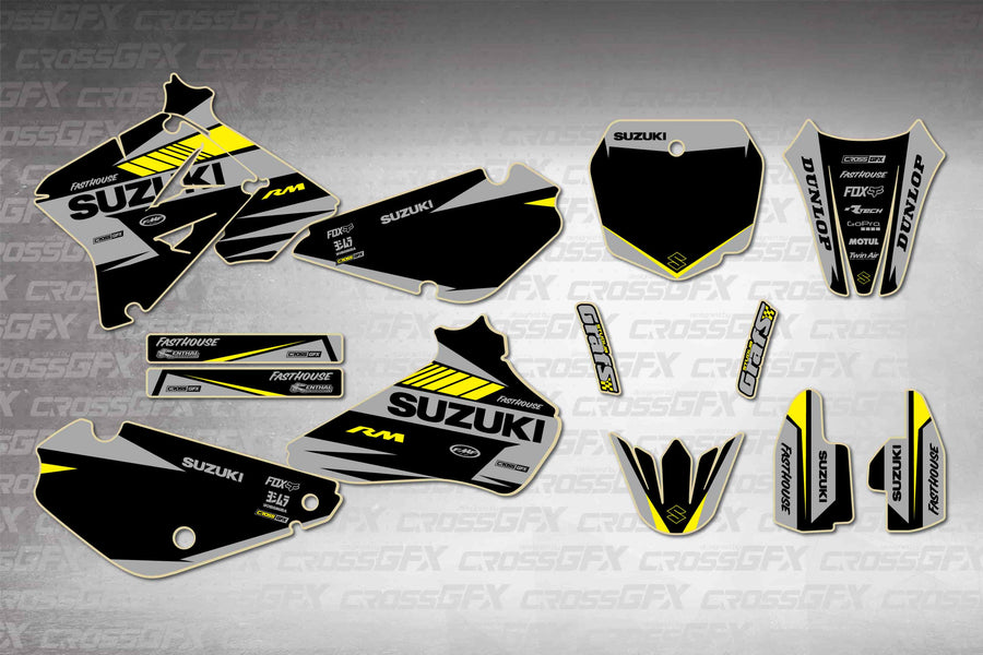 Graphics for Suzuki RM 85 2005-2023 - Blitz Black - flat layout showing all decal pieces included