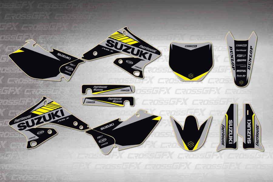 Graphics for Suzuki RMZ 250 2004-2006 - Blitz Black - flat layout showing all decal pieces included