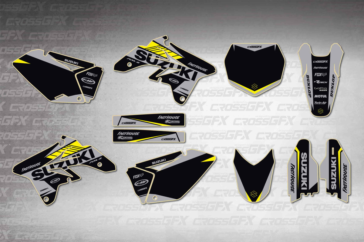 Graphics for Suzuki RMZ 250 2007-2009 - Blitz Black - flat layout showing all decal pieces included