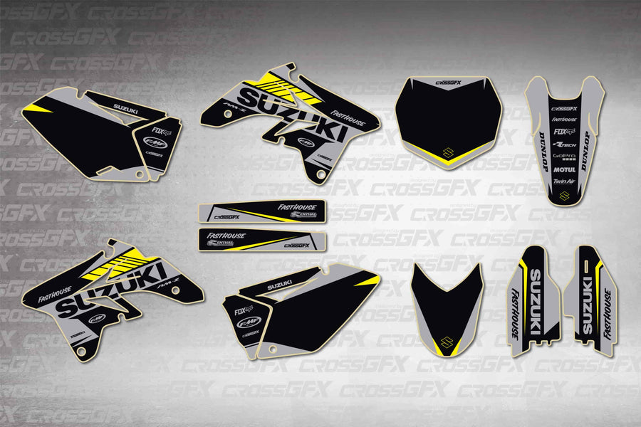 Graphics for Suzuki RMZ 250 2007-2009 - Blitz Black - flat layout showing all decal pieces included