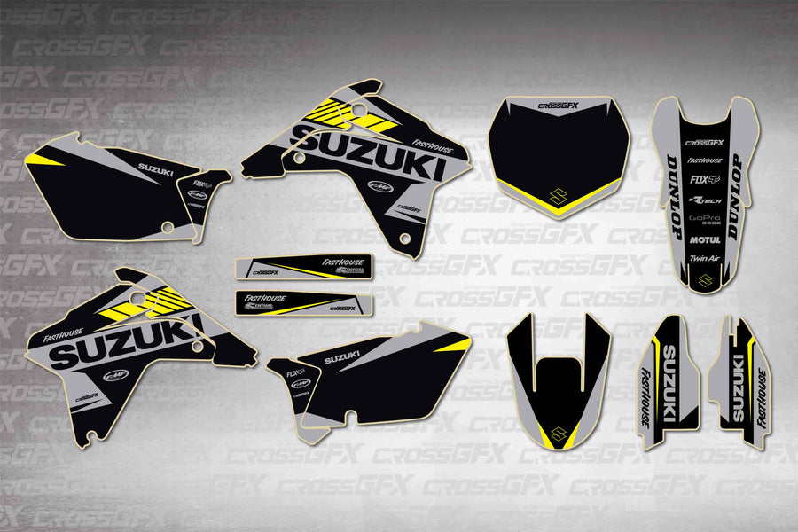 Graphics for Suzuki RMZ 450 2005-2006 - Blitz Black - flat layout showing all decal pieces included
