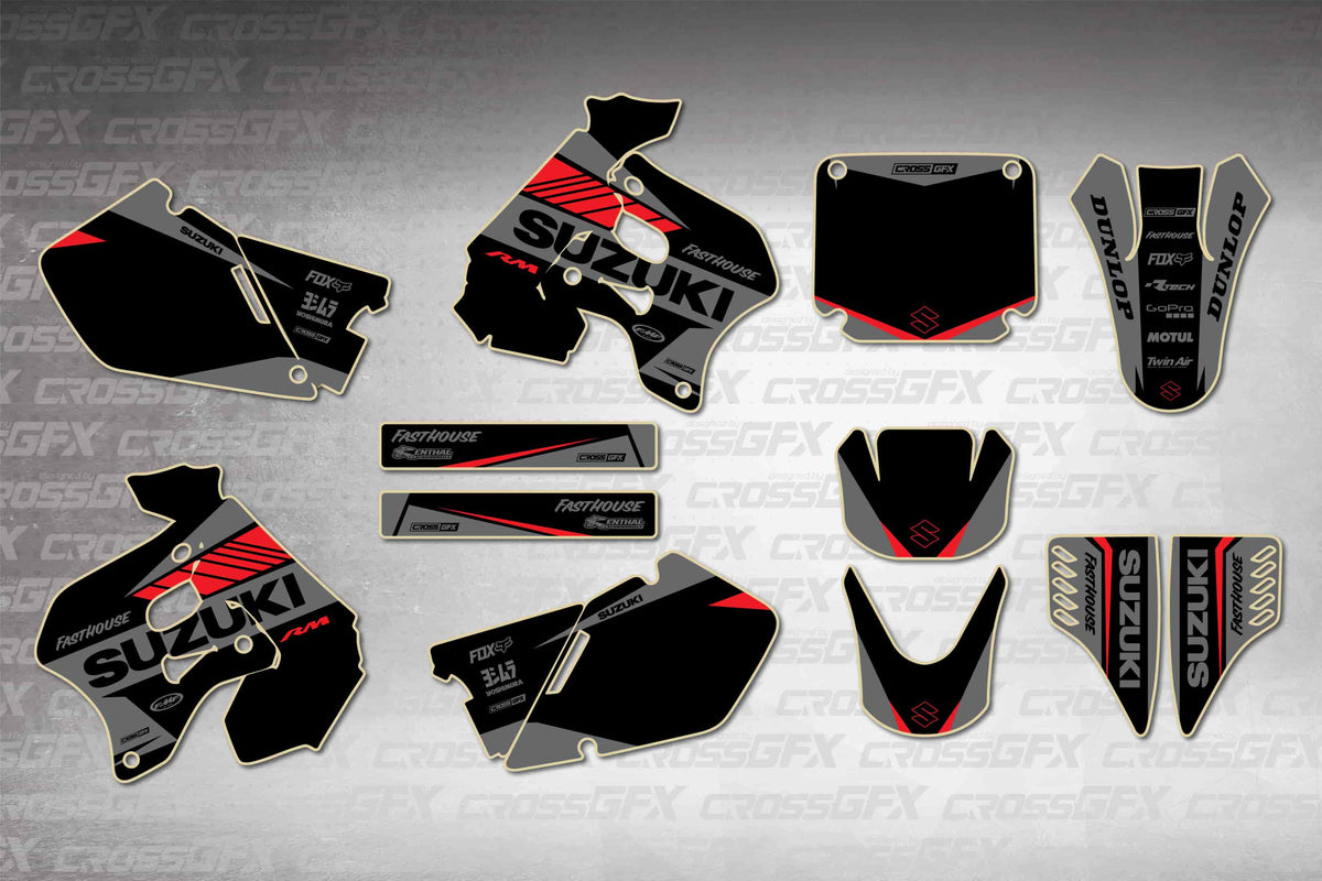 Graphics for Suzuki RM 125 1996-1998 - Blitz Red - flat layout showing all decal pieces included