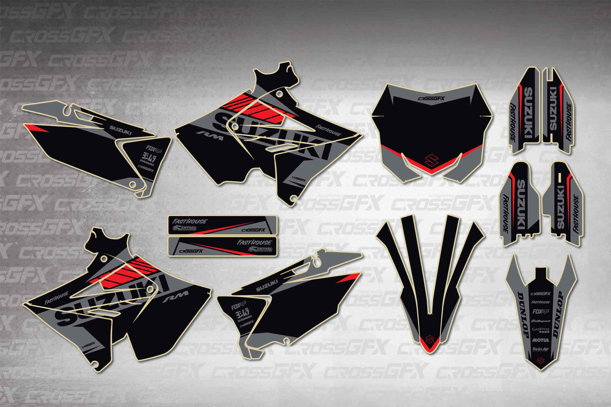 Graphics for Suzuki RM 125 Polisport 2001-2008 - Blitz Red - flat layout showing all decal pieces included