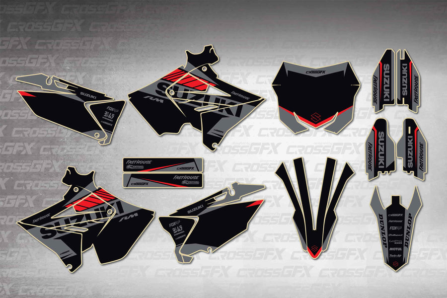 Graphics for Suzuki RM 125 Polisport 2001-2008 - Blitz Red - flat layout showing all decal pieces included