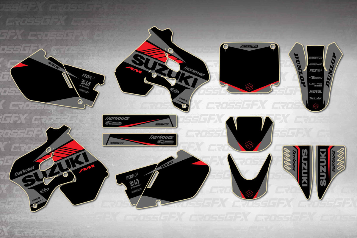 Graphics for Suzuki RM 250 1996-1998 - Blitz Red - flat layout showing all decal pieces included