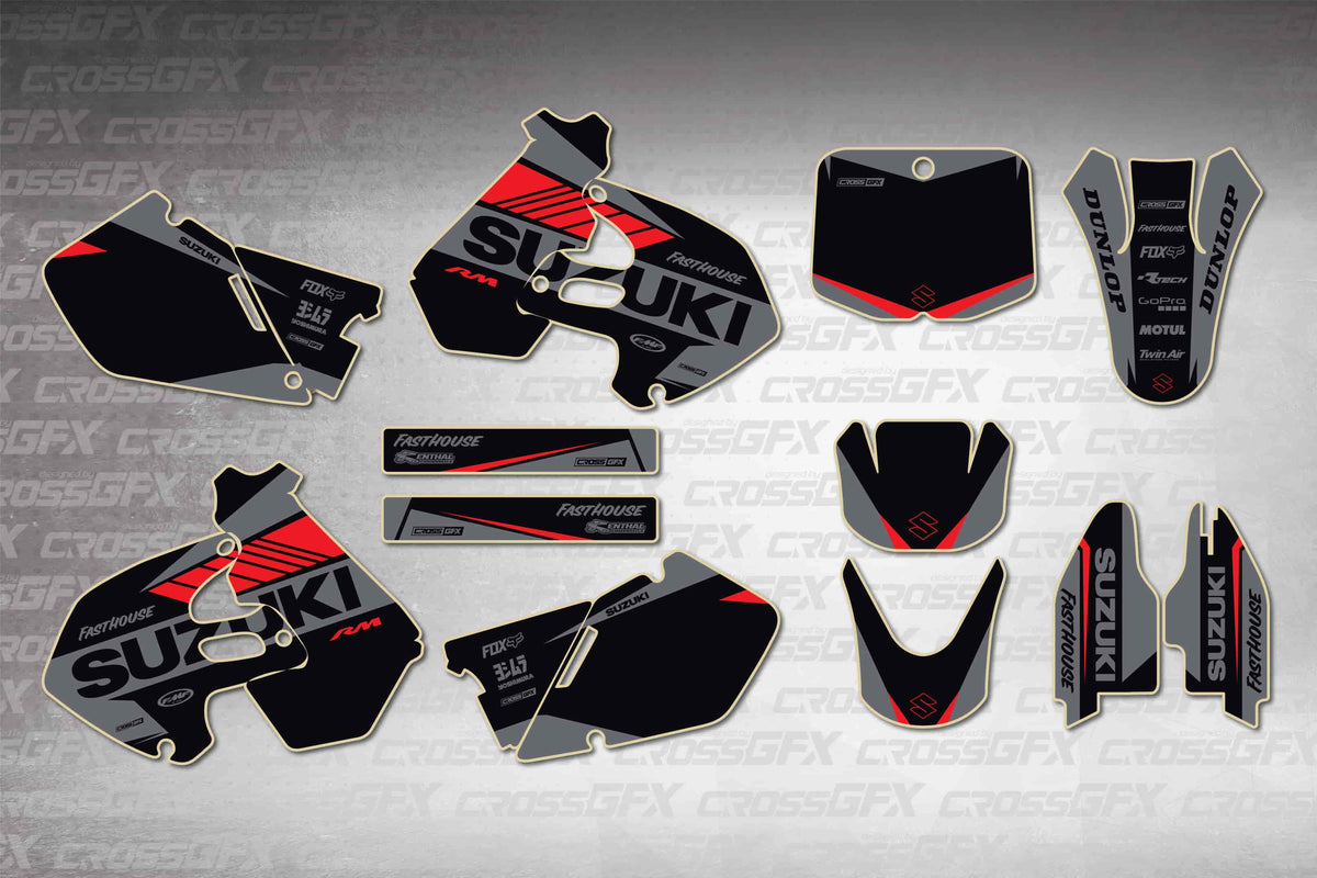 Graphics for Suzuki RM 250 1999-2000 - Blitz Red - flat layout showing all decal pieces included